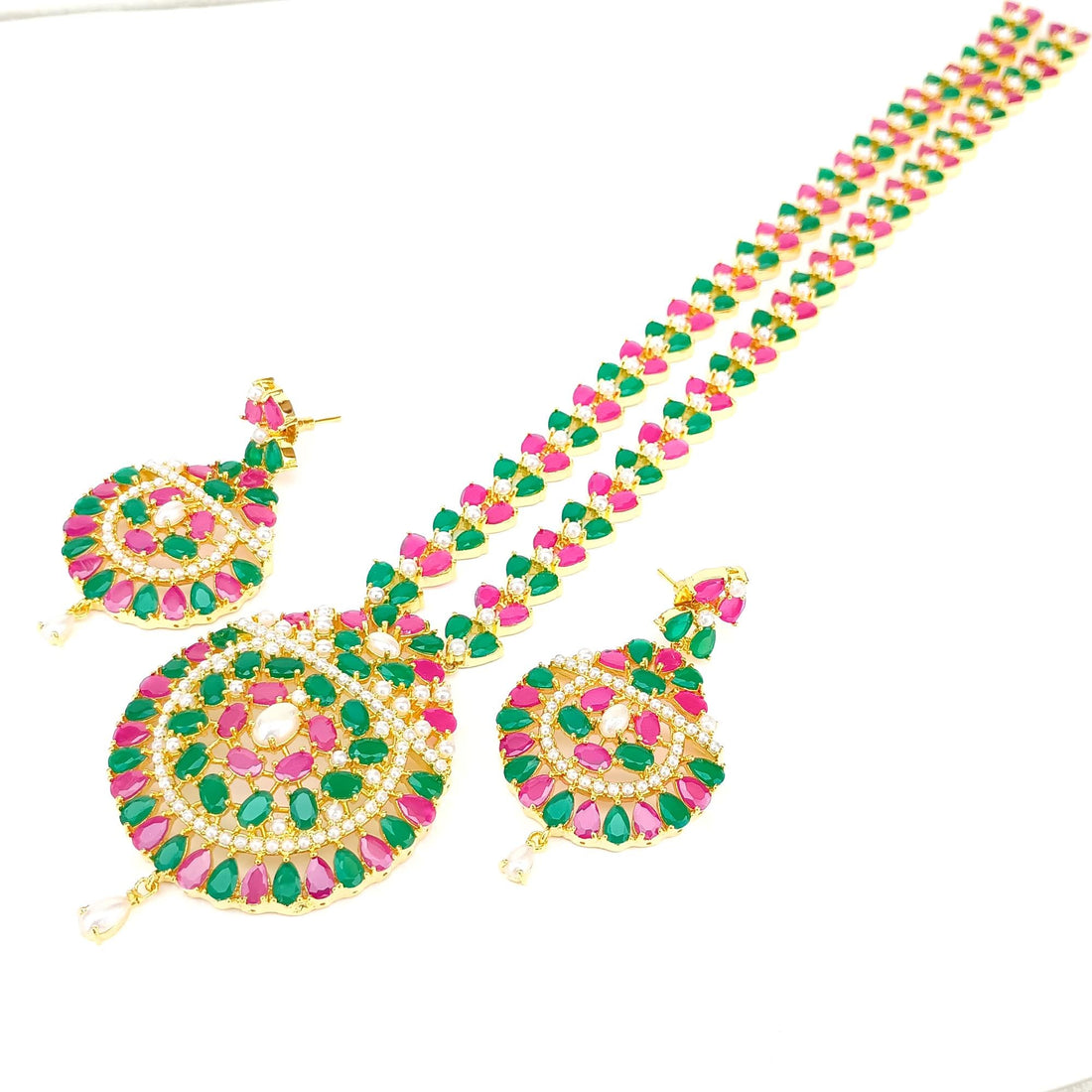 South Indian Ruby Emerald Pearl Necklace | Gold Plated Bridal Wedding Jewelry | Traditional Party Wear Necklace  | Gift for Women — 6