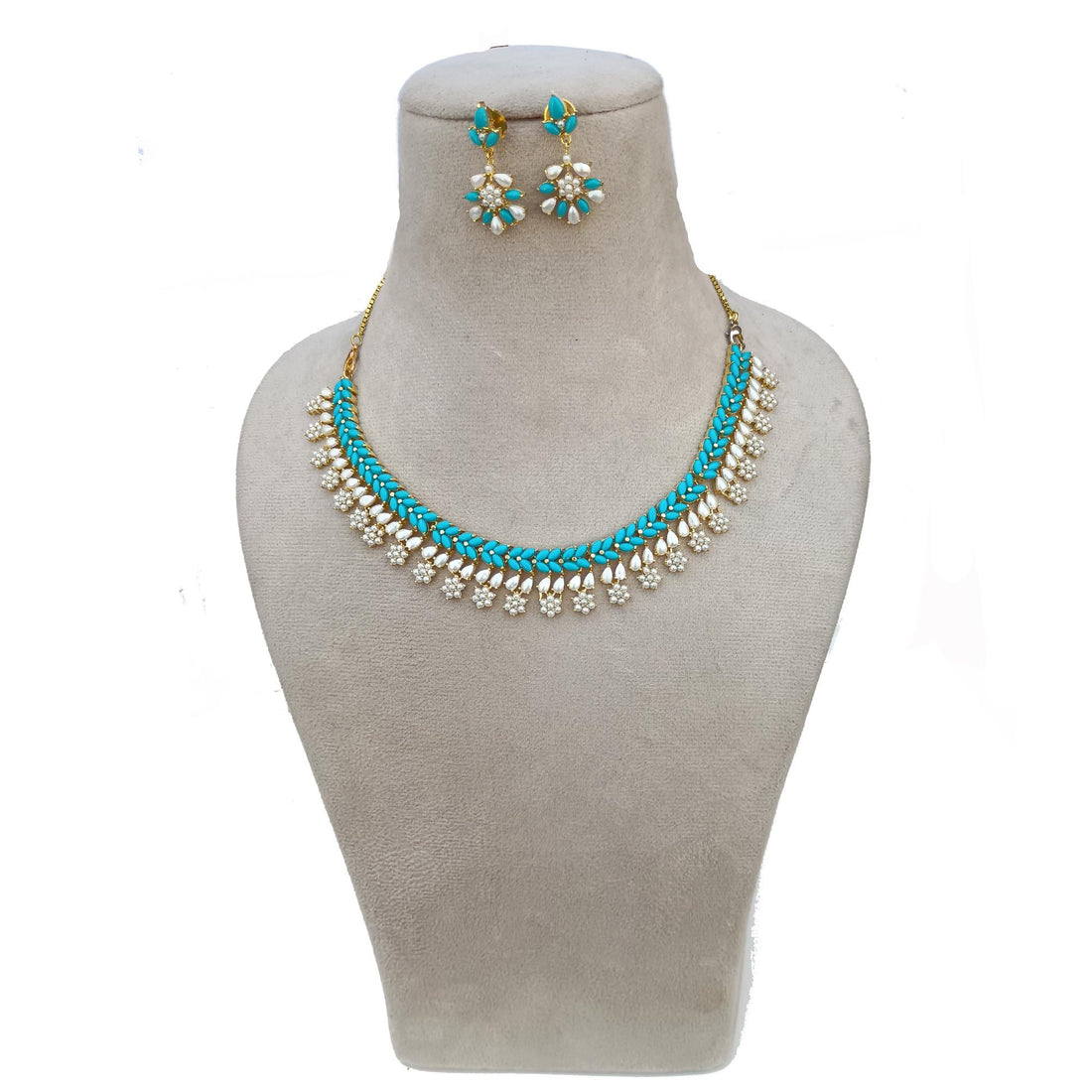 Turquoise and Pearl Choker Necklace Set | Gold Plated Jewelry | Handmade Indian Bridal Necklace with Earrings | Ethnic Statement Jewelry — 7
