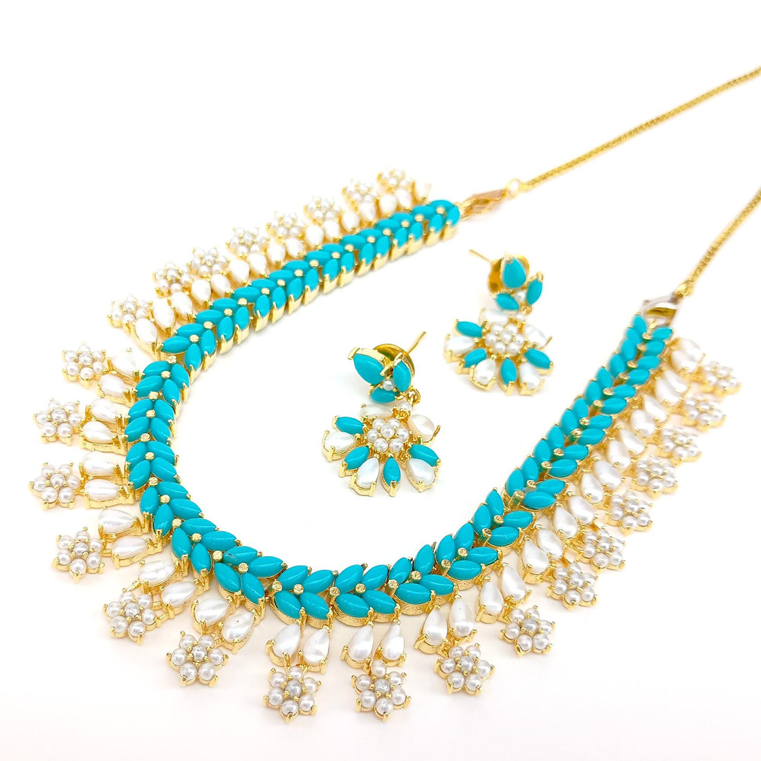 Turquoise and Pearl Choker Necklace Set | Gold Plated Jewelry | Handmade Indian Bridal Necklace with Earrings | Ethnic Statement Jewelry — 2