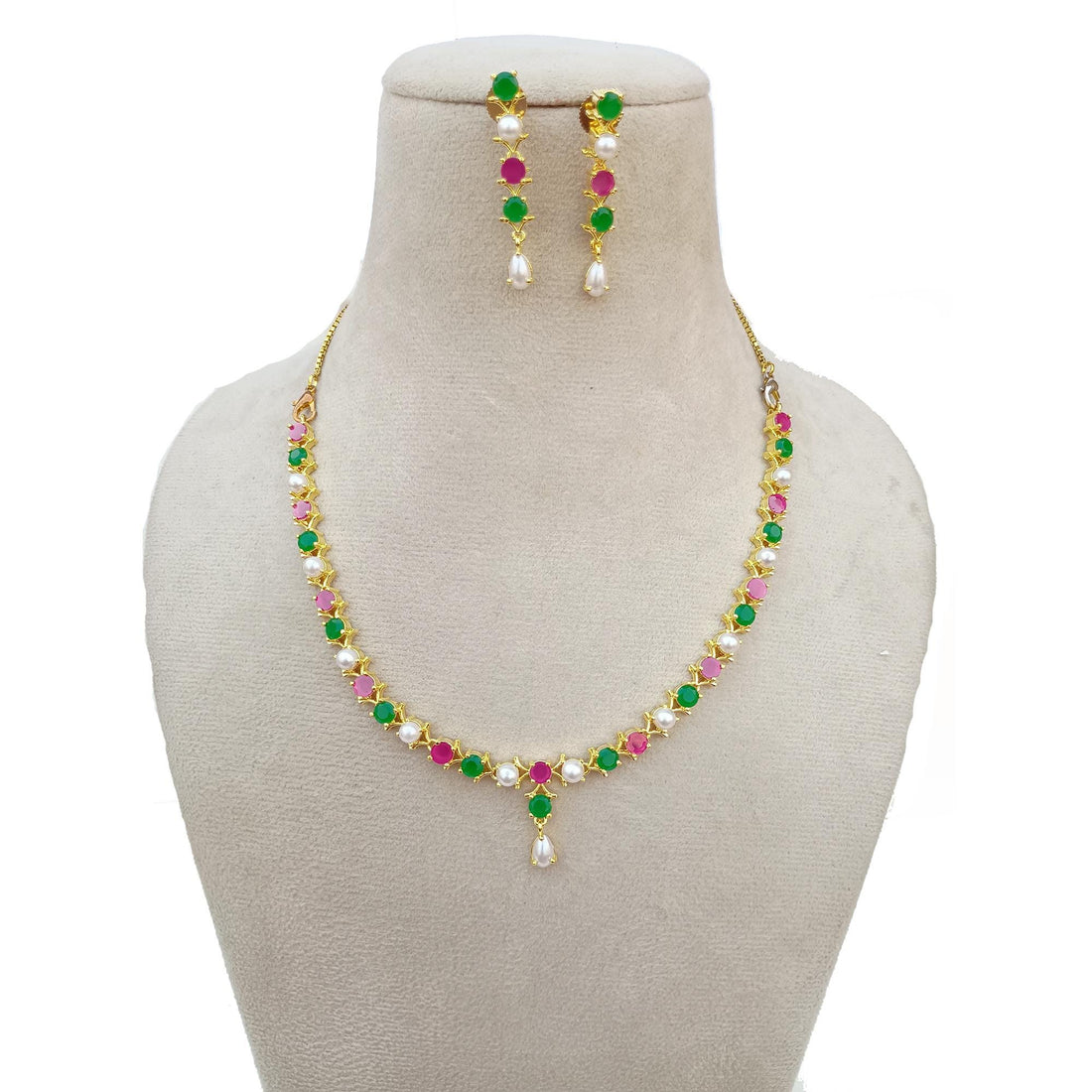 22k Gold Plated Indian Necklace: Emerald, Ruby & Pearl — 3
