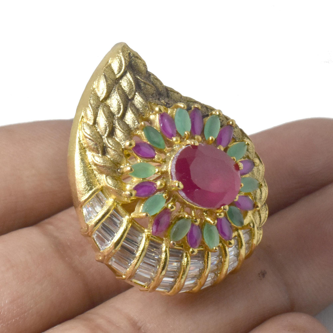 Elegant Ruby Emerald Oval Ring | Yellow Gold Plated Bridal Party Wear Statement Jewelry | Anniversary Gift For Women — 5