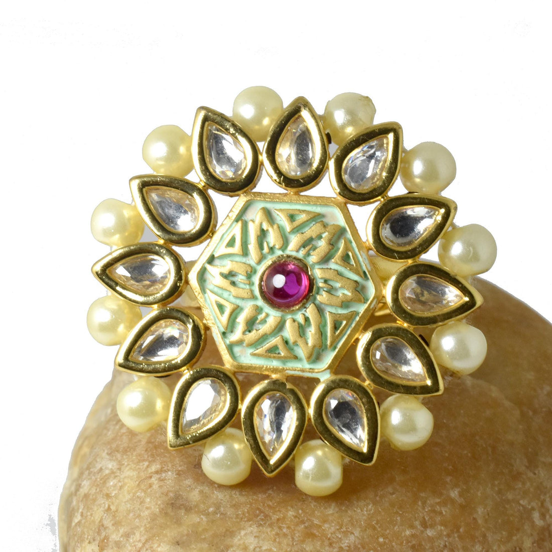 Red Ruby Polki CZ Diamond Bridal Ring | Yellow Gold Plated Wedding Statement Cocktail Jewelry | Engagement Ring | Party Wear | Gift For Her — 2
