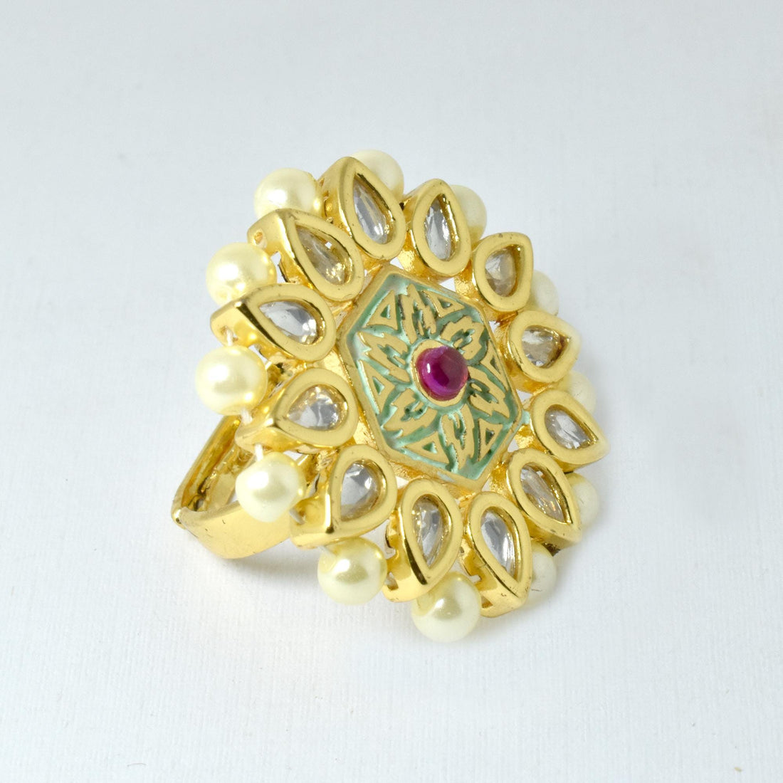 Red Ruby Polki CZ Diamond Bridal Ring | Yellow Gold Plated Wedding Statement Cocktail Jewelry | Engagement Ring | Party Wear | Gift For Her — 4