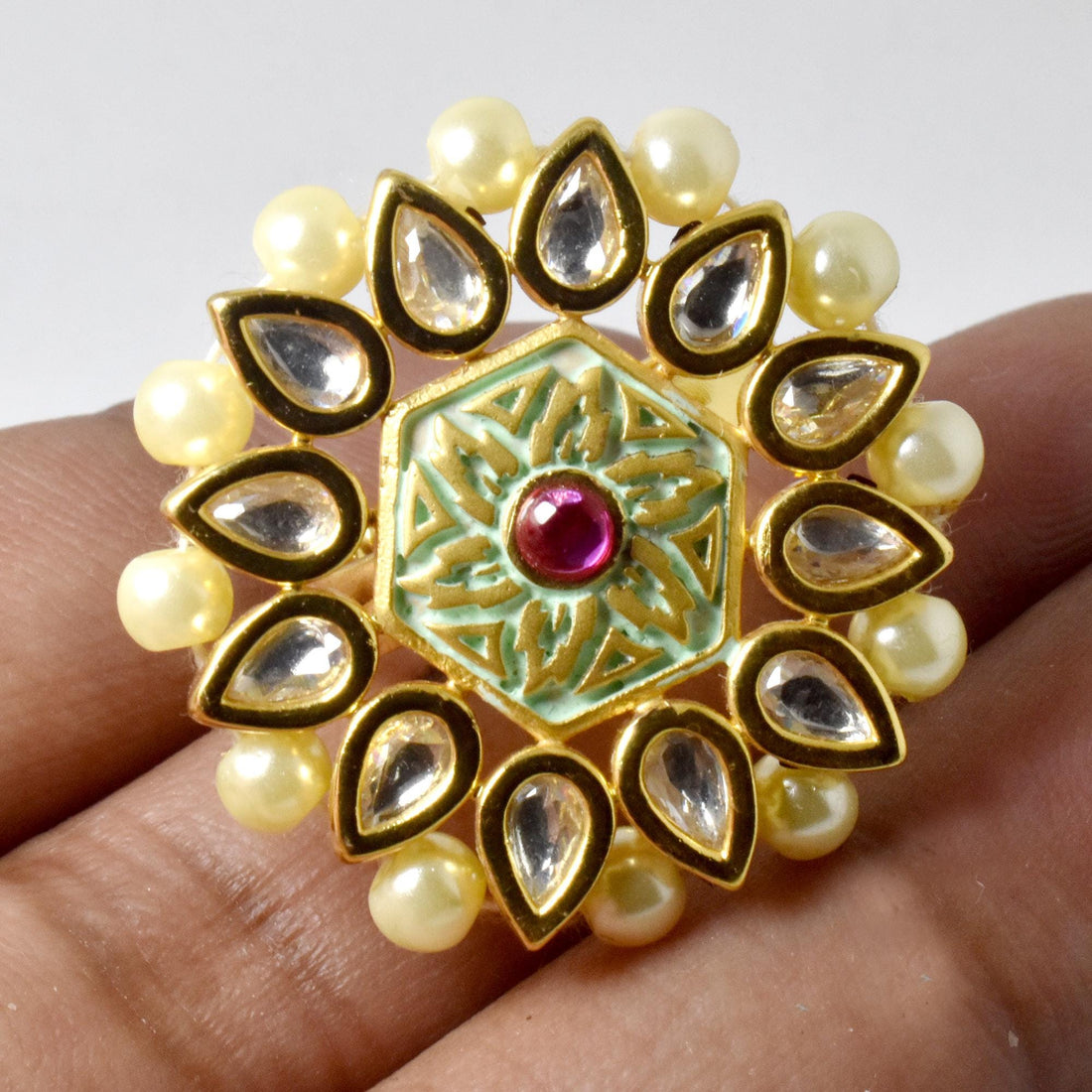 Red Ruby Polki CZ Diamond Bridal Ring | Yellow Gold Plated Wedding Statement Cocktail Jewelry | Engagement Ring | Party Wear | Gift For Her — 6