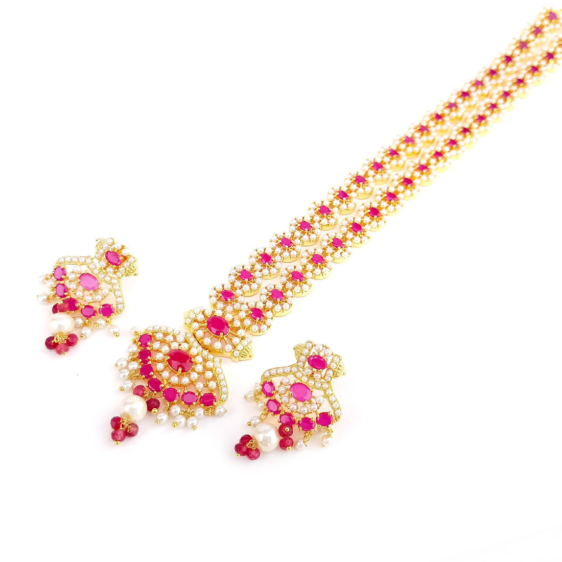 South Indian Ruby Emerald Pearl Long Necklace | Gold Plated Traditional Haram | Bridal Wedding Engagement Jewelry | Gift for Her — 4