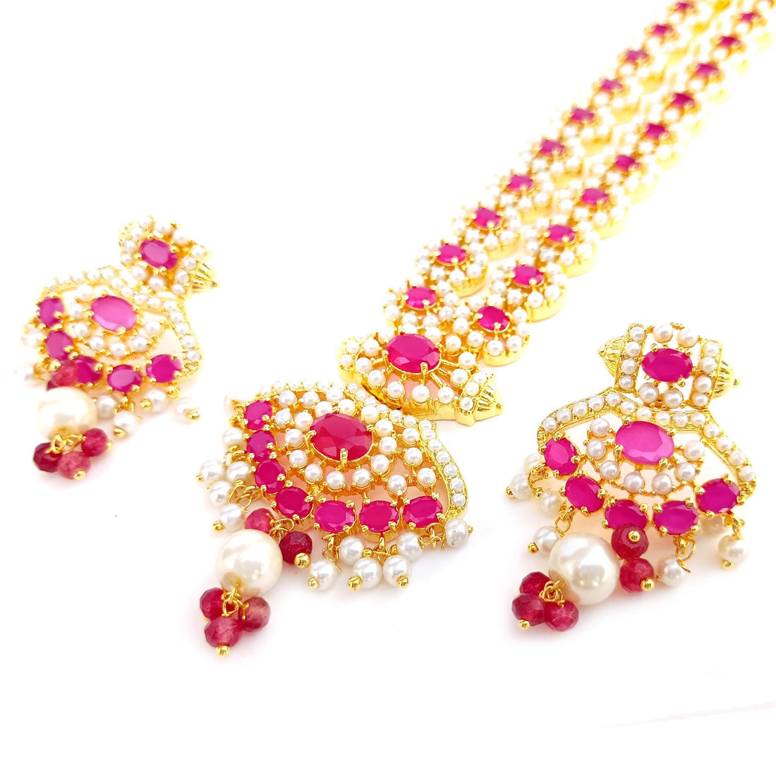 South Indian Ruby Emerald Pearl Long Necklace | Gold Plated Traditional Haram | Bridal Wedding Engagement Jewelry | Gift for Her — 6