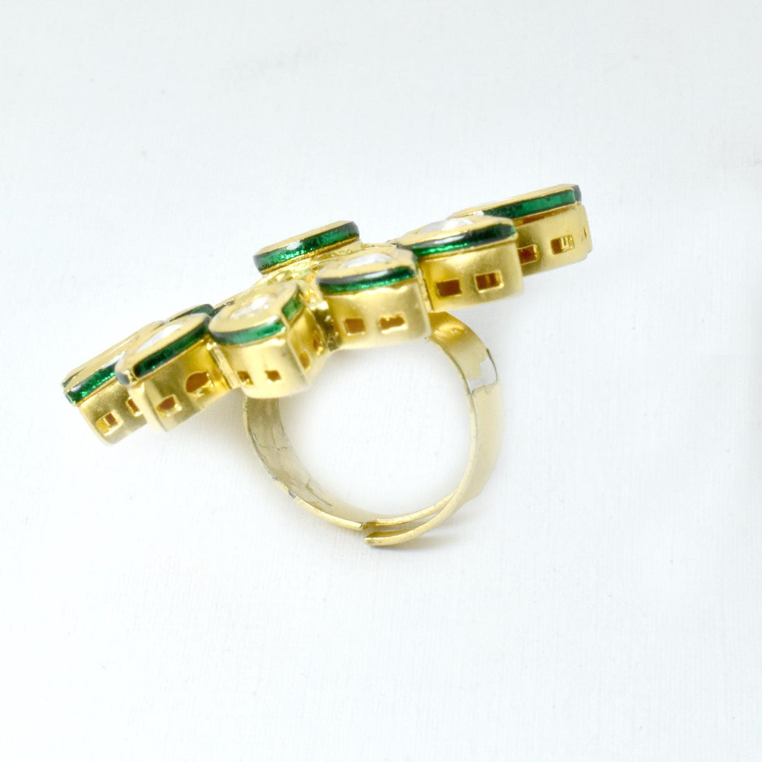 Gold Kundan Adjustable Ring with Pear Cut CZ & Green Enamel | 22K Gold Plated Indian Bridal Jewelry | Wedding Party Wear | Gift For Her — 2