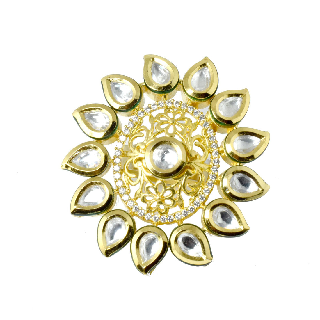 Gold Kundan Adjustable Ring with Pear Cut CZ & Green Enamel | 22K Gold Plated Indian Bridal Jewelry | Wedding Party Wear | Gift For Her — 8