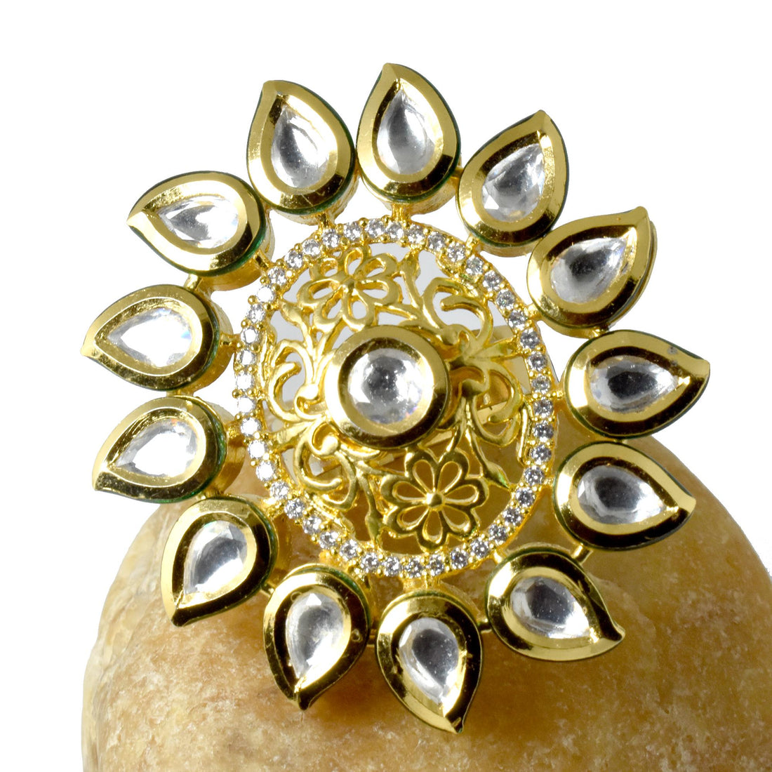 Gold Kundan Adjustable Ring with Pear Cut CZ & Green Enamel | 22K Gold Plated Indian Bridal Jewelry | Wedding Party Wear | Gift For Her — 7