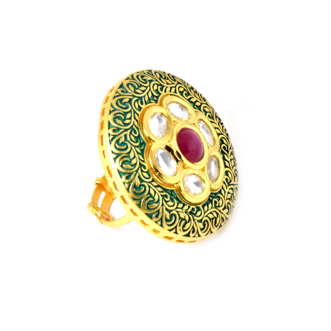 22K Gold Plated Kundan Polki CZ Ring | Indian Ethnic Bridal Statement Jewelry | Wedding Engagement  Ring | Party Wear Ring | Gift For Women — 3