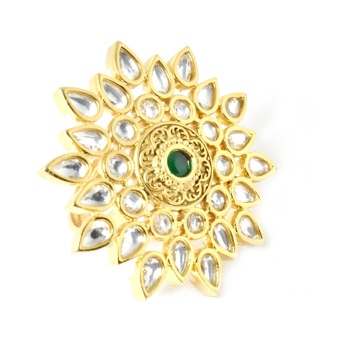 Emerald & Polki CZ Diamond Ring: 22k Gold Plated Adjustable Statement Ring | Gift For Her — 7