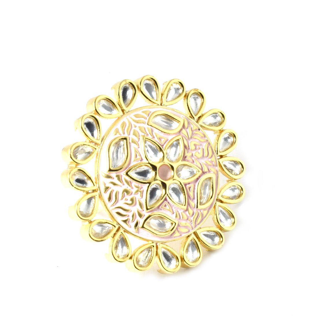Traditional Mint Pink Kundan Ring | Adjustable Handcrafted Indian Bridal Jewelry | 22K Gold Plated Statement Ring | Anniversary Gift — 6