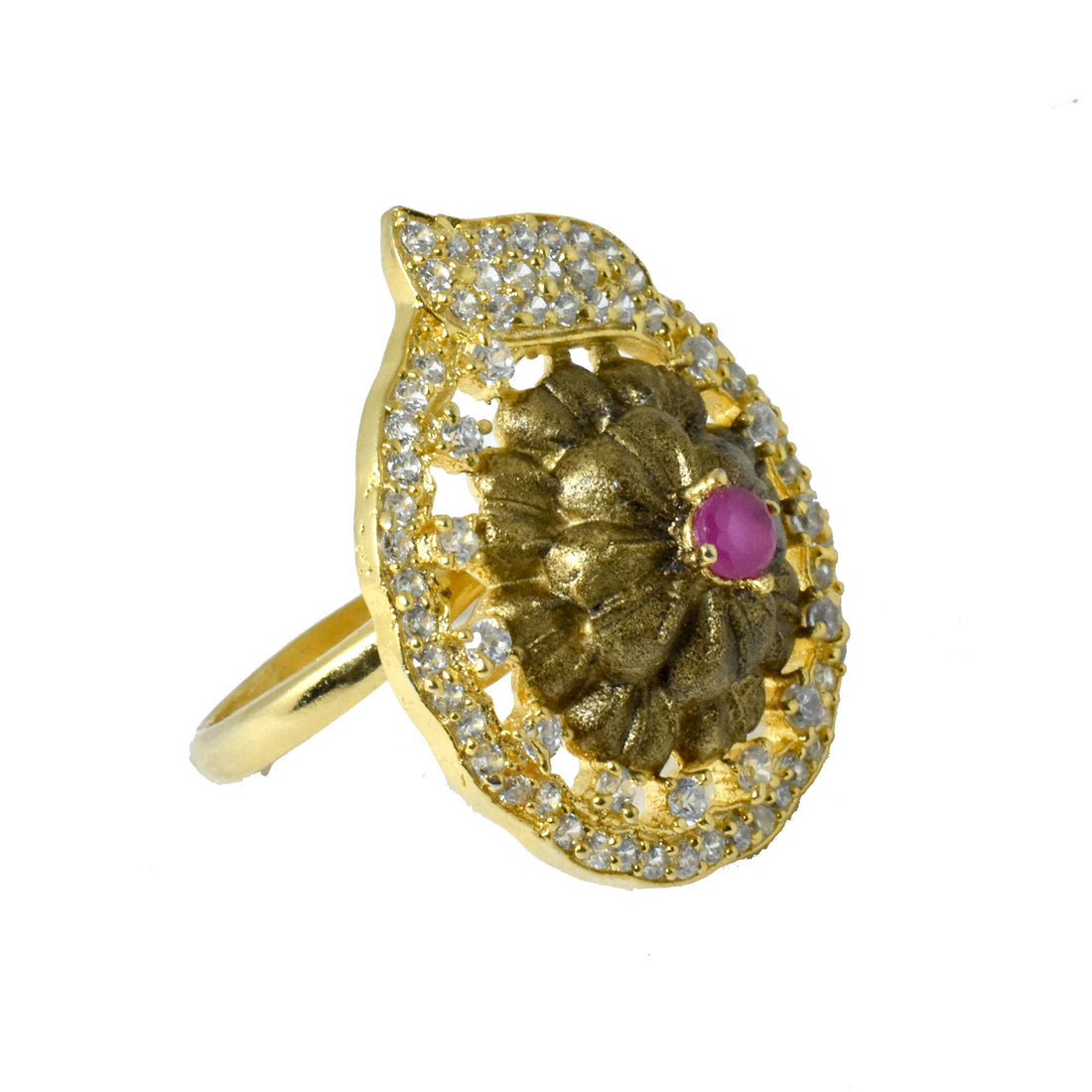 Handmade Ruby and Cubic Zirconia Diamond Ring |22K Gold Plated Bridal Cocktail Ring | Wedding Ring |Festive Statement Jewelry | Gift For Her — 2