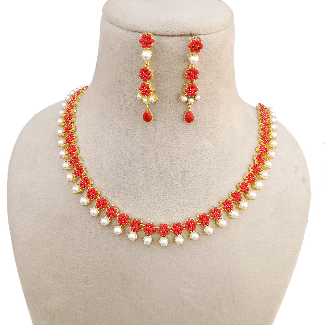 Red Coral & Pearl Necklace Set | 22K Gold Plated Indian Bridal Temple Jewelry | Wedding Necklace | Statement Necklace | Gift For Her — 4