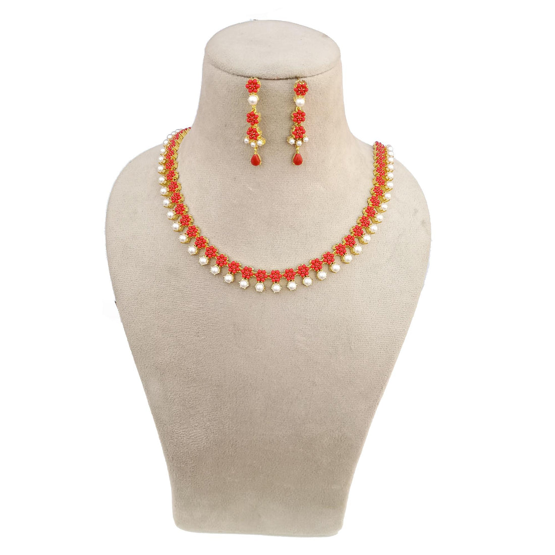 Red Coral & Pearl Necklace Set | 22K Gold Plated Indian Bridal Temple Jewelry | Wedding Necklace | Statement Necklace | Gift For Her — 6