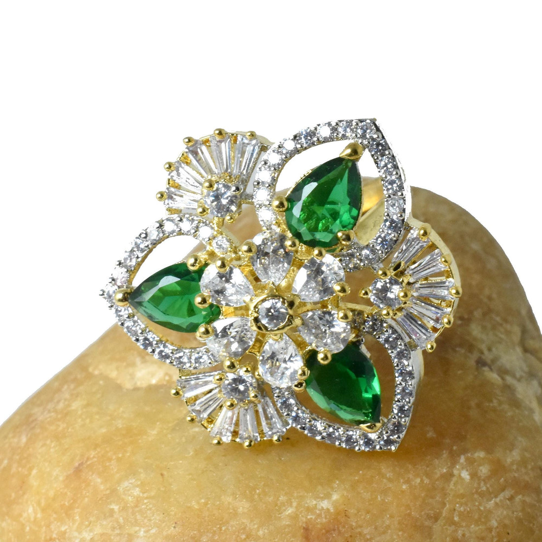 Adjustable Green Quartz & CZ Diamond Bridal Ring | 22K Gold Plated Wedding Statement Cocktail Jewelry | Engagement Ring | Gift For Her — 6