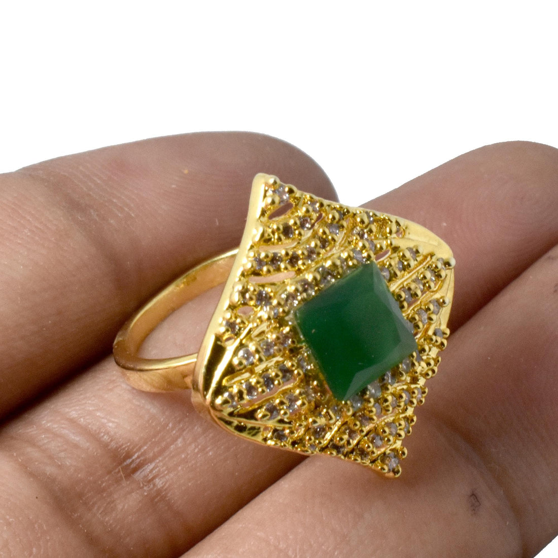 Emerald Cut Cubic Zirconia Diamond Ring | 22K Gold Plated Adjustable Bridal Cocktail Ring | Festive Wedding Jewelry | Gift For Women — 2