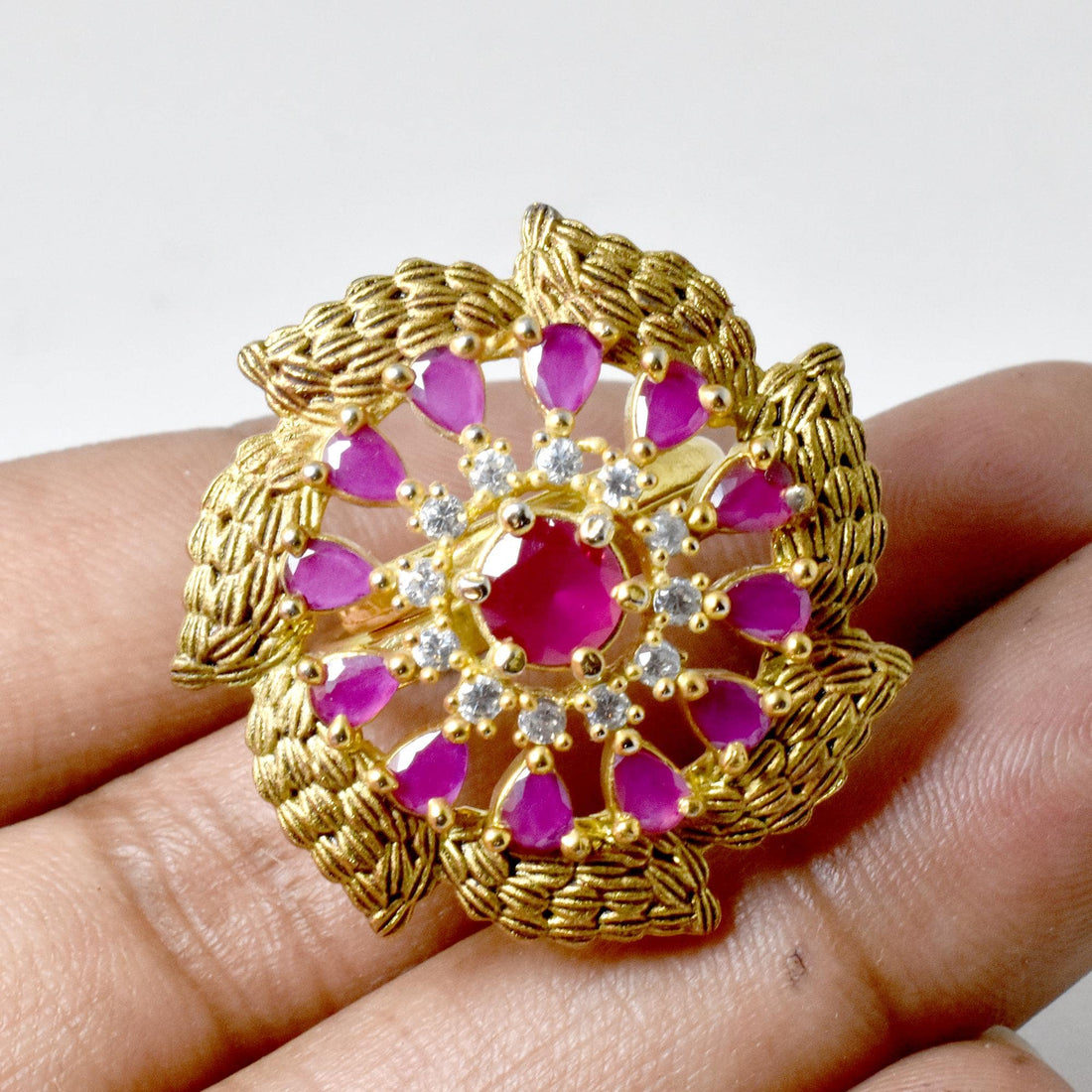 Handmade Meenakari Kundan Ring with Ruby & CZ Diamond | 22K Gold Plated Traditional Indian Statement Ring | Bridal Jewelry | Gift For Her — 6