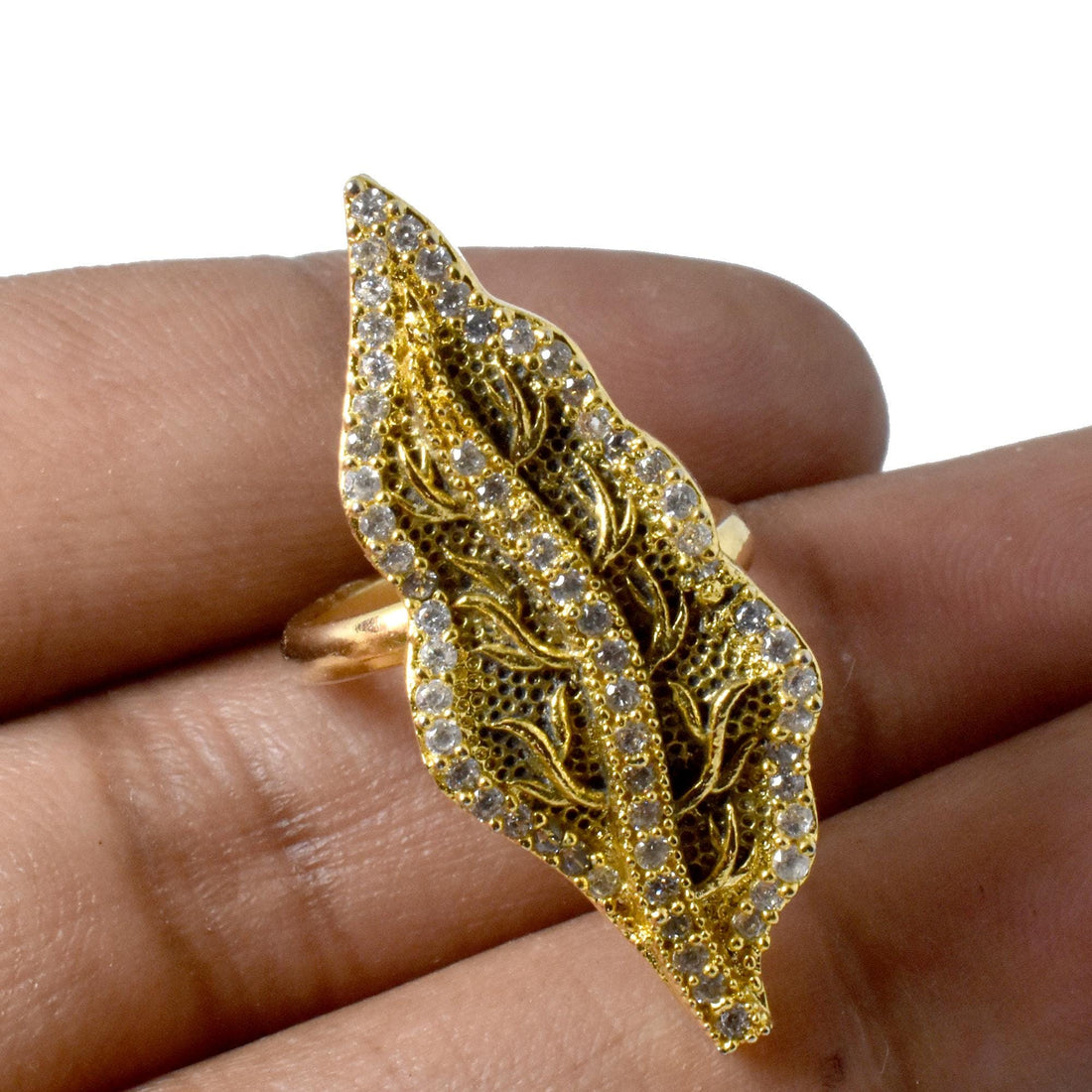Gold Plated Leaf Ring | Adjustable CZ Cocktail Ring | Handmade Indian Statement Jewelry | Bridal Ring  | Elegant Ring | Gift for Her — 8