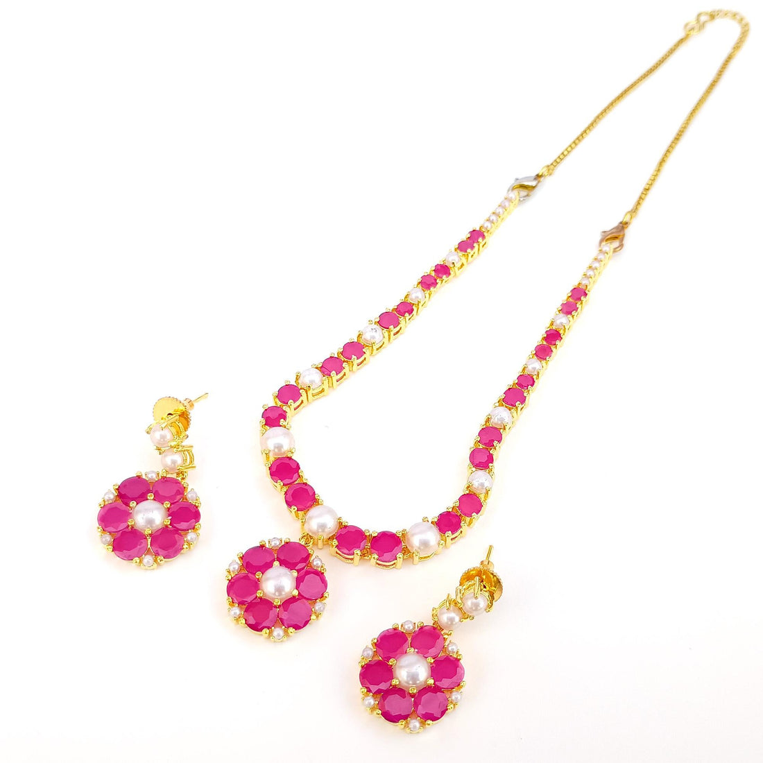 Gold Plated Ruby Pearl Floral Necklace | South Indian Lightweight Bridal Jewelry | Traditional Wedding Wear | Ruby Necklace | Gift for Her — 5