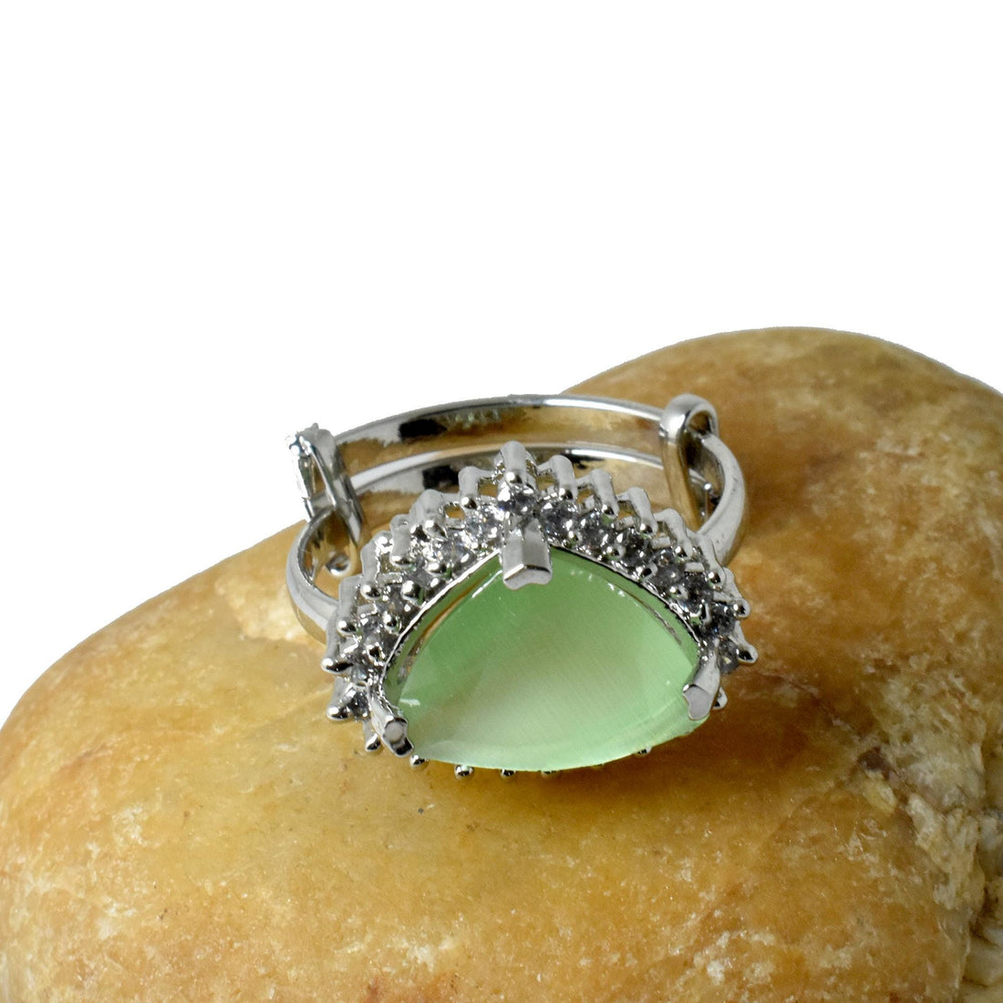 Green Quartz & CZ Diamond Adjustable Ring | White Plated Cocktail Statement Ring | Elegant Bridal  Ring | Party Wear Ring  | Gift for Her — 2