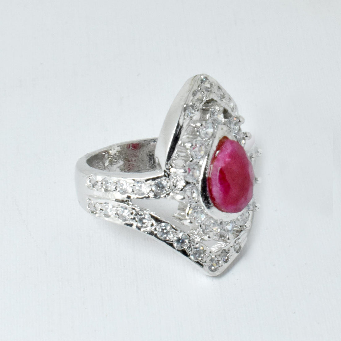 Pear Cut Ruby & Cubic Zirconia Diamond Ring | White Plated Bridal Cocktail Ring | Elegant Wedding Festive Jewelry | Gift For Her — 3