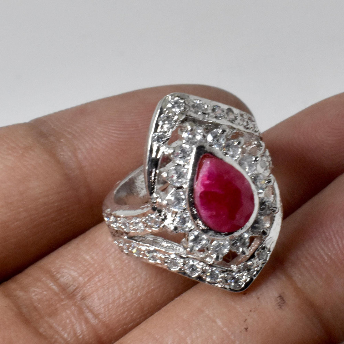 Pear Cut Ruby & Cubic Zirconia Diamond Ring | White Plated Bridal Cocktail Ring | Elegant Wedding Festive Jewelry | Gift For Her — 5