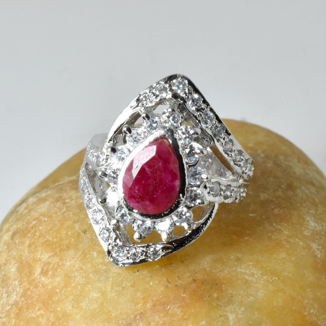 Pear Cut Ruby & Cubic Zirconia Diamond Ring | White Plated Bridal Cocktail Ring | Elegant Wedding Festive Jewelry | Gift For Her — 6