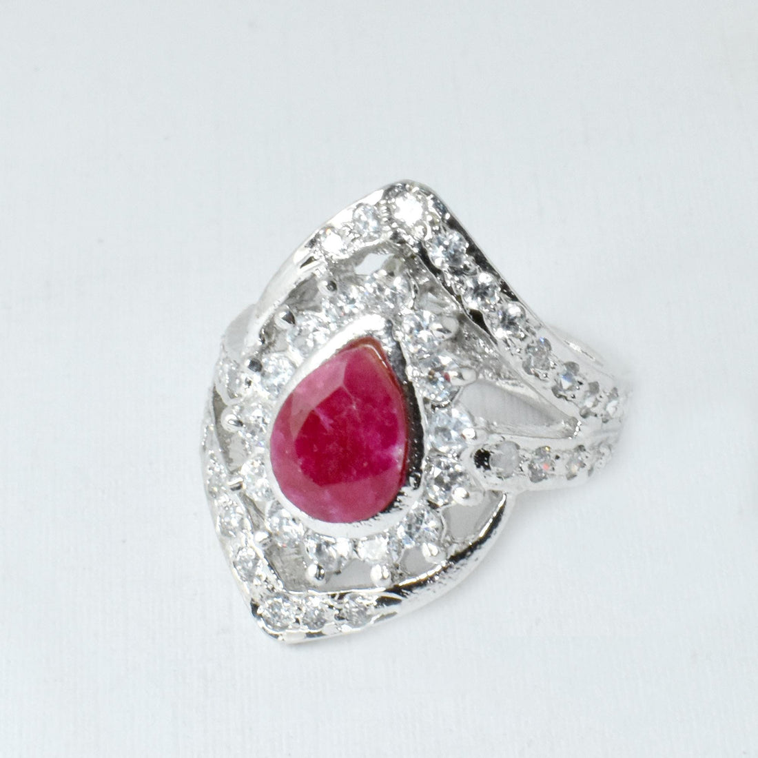 Pear Cut Ruby & Cubic Zirconia Diamond Ring | White Plated Bridal Cocktail Ring | Elegant Wedding Festive Jewelry | Gift For Her — 7