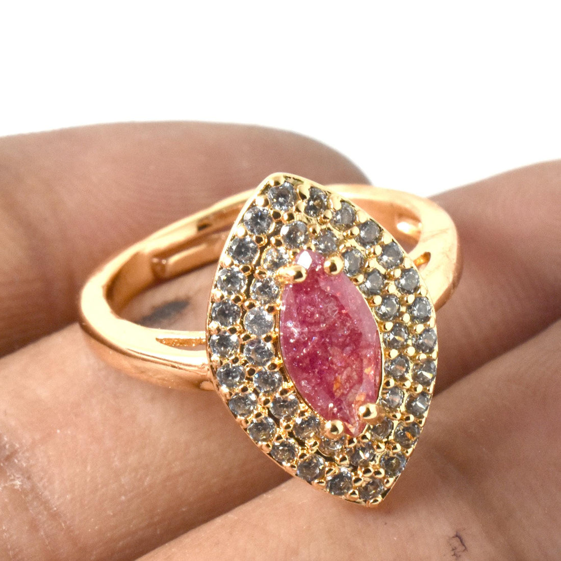 Marquise Ruby Ring | Gold Plated CZ Diamond Cocktail Ring | Adjustable Bridal Statement Ring | Festive Party Wear Jewelry | Gift for Her — 8