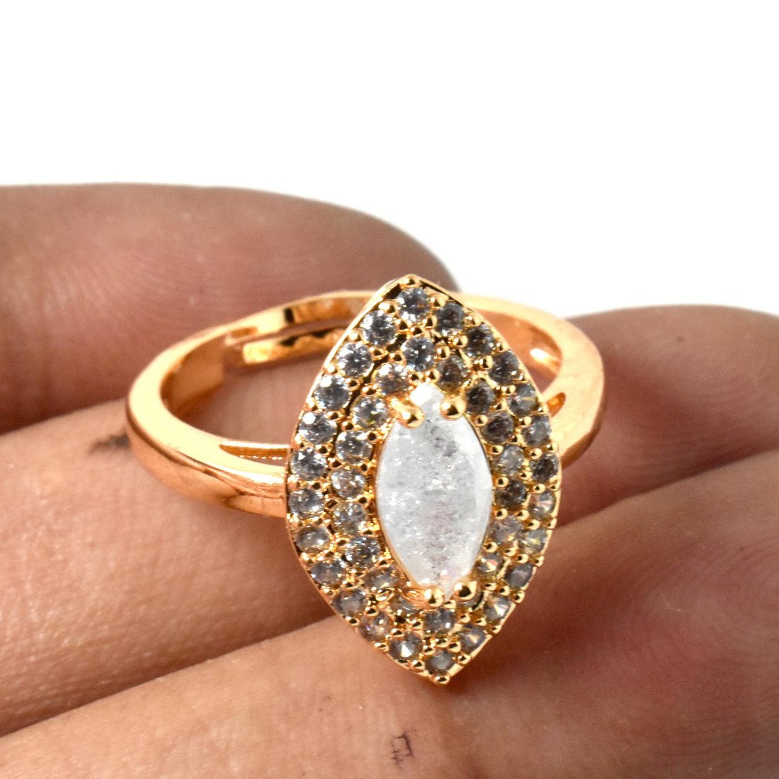 Marquise Moonstone Ring | Gold Plated with Ruby & CZ Diamond | Adjustable Statement Ring | Gift for Her | Wedding Ring — 4