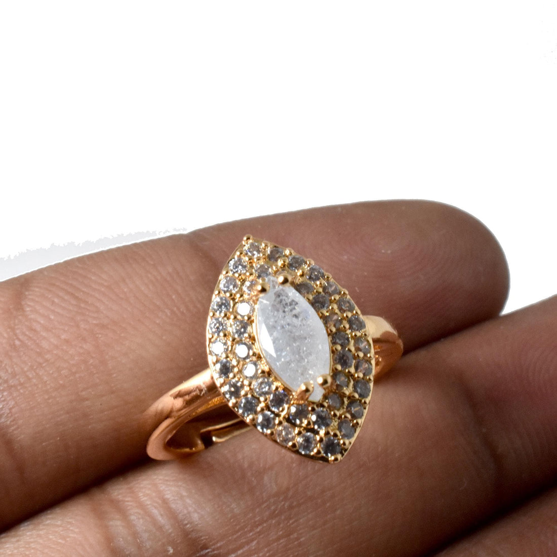 Marquise Moonstone Ring | Gold Plated with Ruby & CZ Diamond | Adjustable Statement Ring | Gift for Her | Wedding Ring — 7