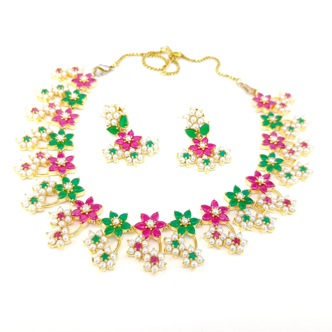 Gold Plated Multicolor Stone & Pearl Necklace Set | Indian Bridal Wedding Jewelry | Traditional Ethnic Statement Necklace | Gift For Her — 8