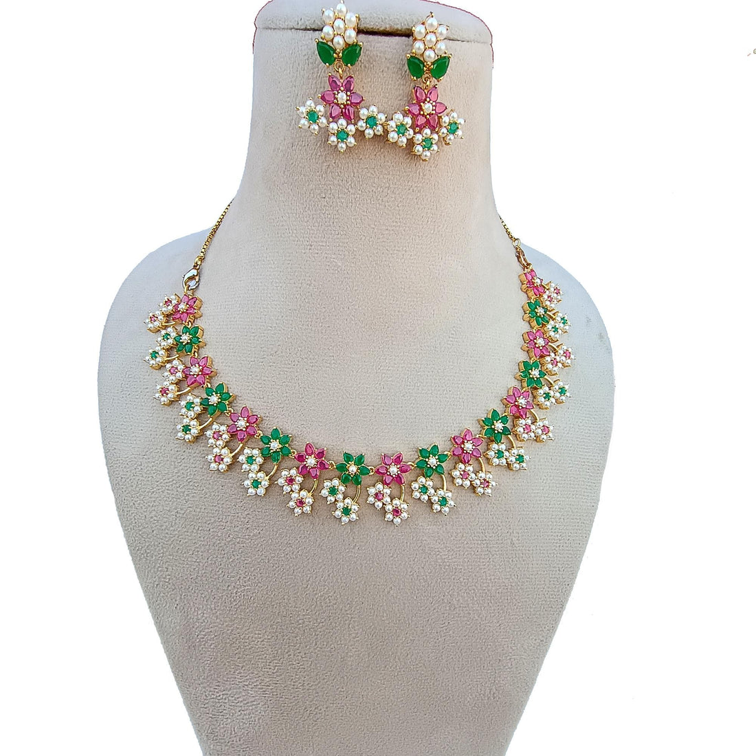 Gold Plated Multicolor Stone & Pearl Necklace Set | Indian Bridal Wedding Jewelry | Traditional Ethnic Statement Necklace | Gift For Her — 5