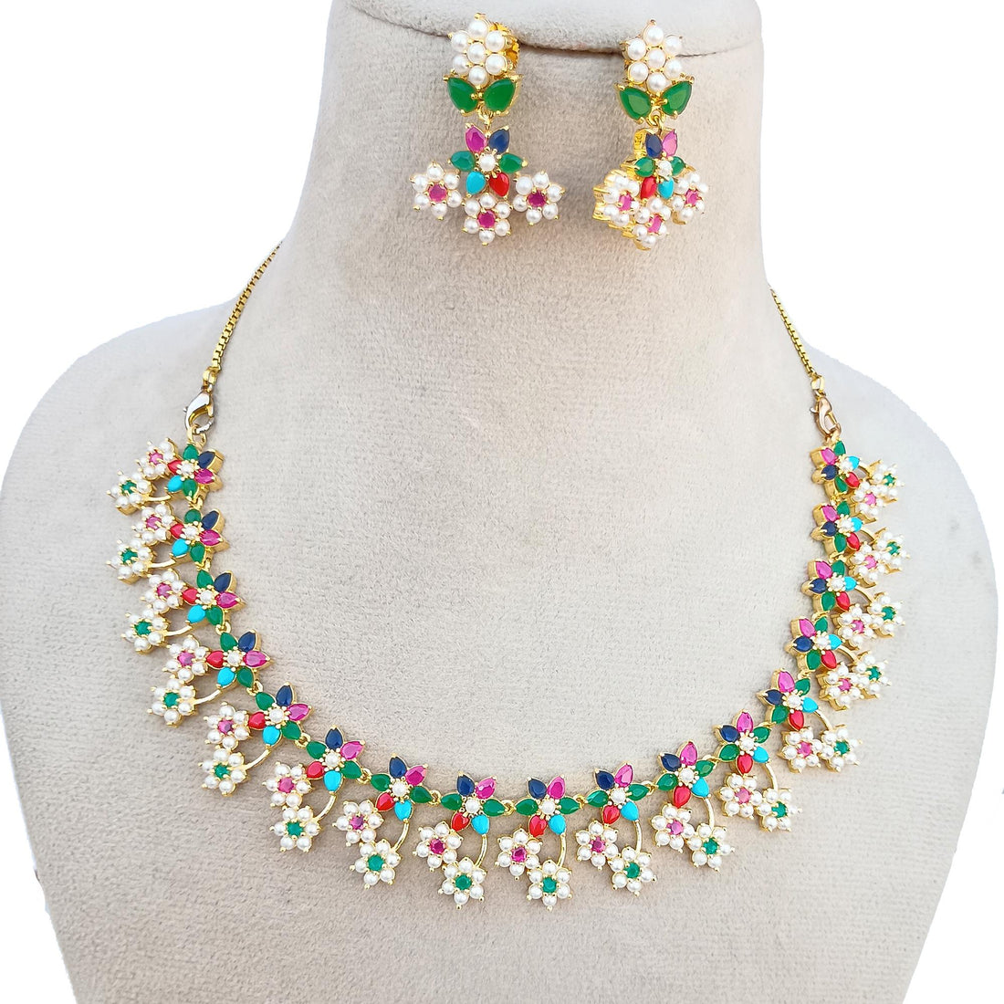 Gold Plated Multicolor Stone & Pearl Necklace Set | Indian Bridal Wedding Jewelry | Traditional Ethnic Statement Necklace | Gift For Her — 4
