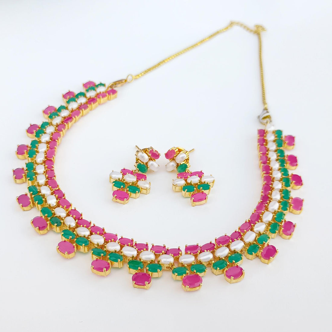 Gold Plated Multicolor Gemstone Bridal Necklace| Turquoise Coral Ruby Emerald Sapphire Wedding Jewelry | Gift For Her | Traditional Necklace — 7