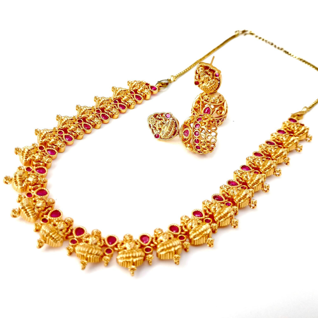 Goddess Lakshmi Ruby Necklace Set | 22k Gold Plated South Indian Temple Jewelry | Traditional Bollywood Style Bridal Necklace — 6