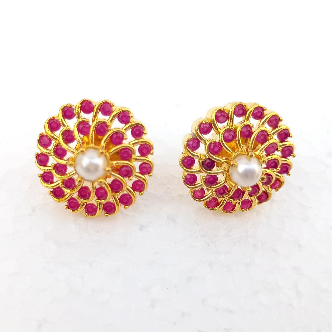 Ruby Pearl Stud Earrings: Gold Plated Art Deco Wedding Jewelry