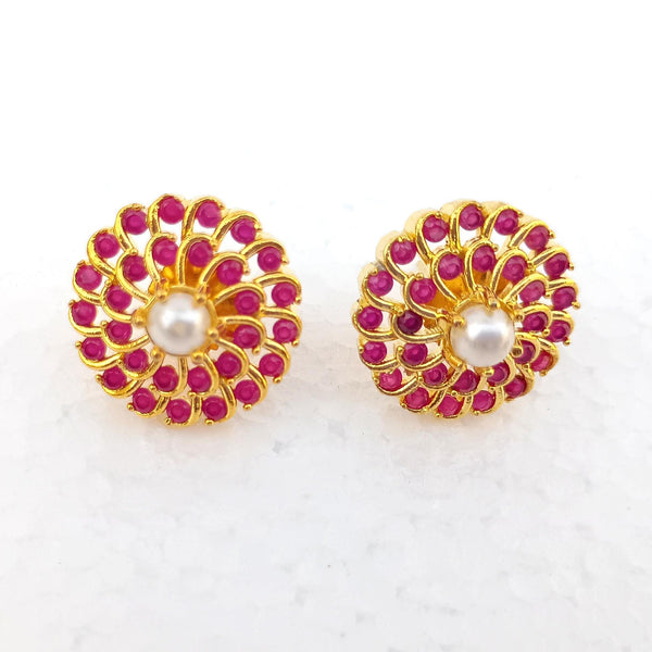 Ruby Pearl Stud Earrings: Gold Plated Art Deco Wedding Jewelry