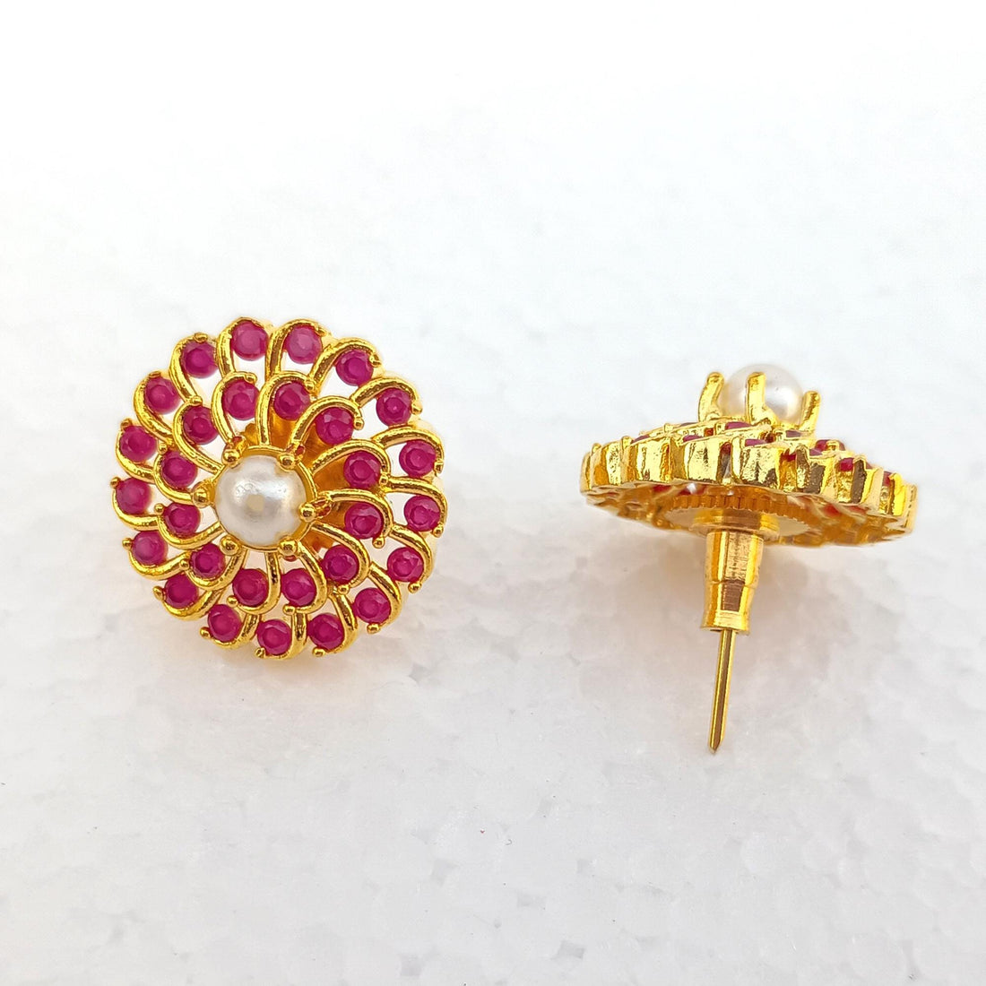 Ruby Pearl Stud Earrings: Gold Plated Art Deco Wedding Jewelry — 2