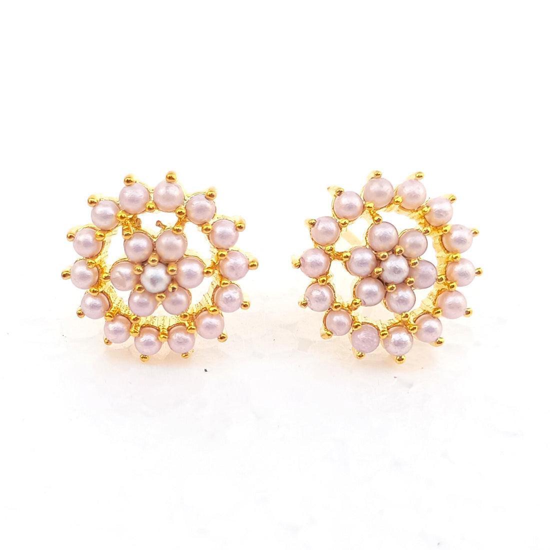 Art Deco Ruby Pearl Stud Earrings: Gold Plated Wedding Jewelry