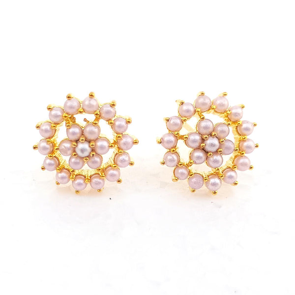 Art Deco Ruby Pearl Stud Earrings: Gold Plated Wedding Jewelry