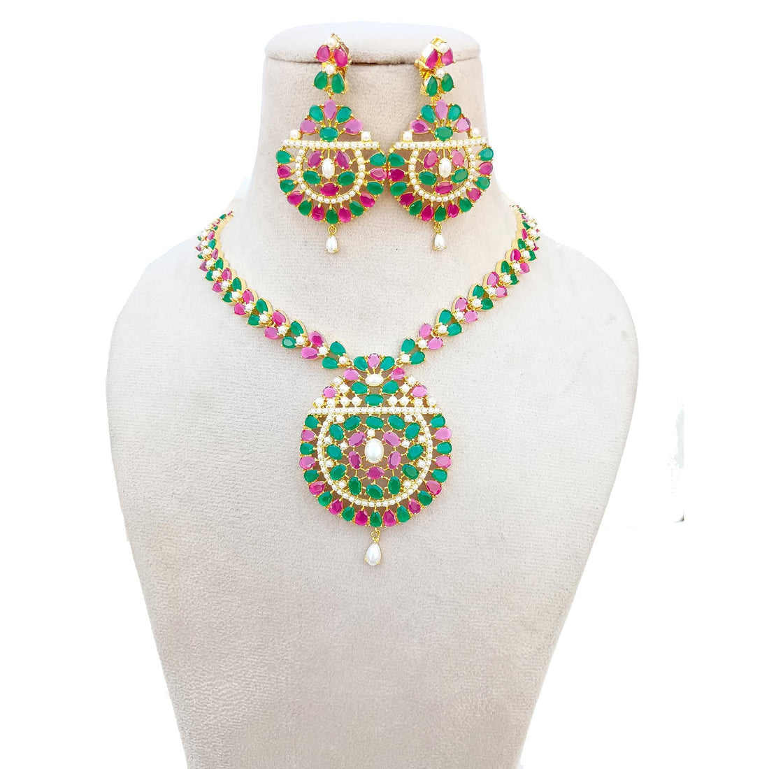 South Indian Ruby Emerald Pearl Necklace | Gold Plated Bridal Wedding Jewelry | Traditional Party Wear Necklace  | Gift for Women — 2