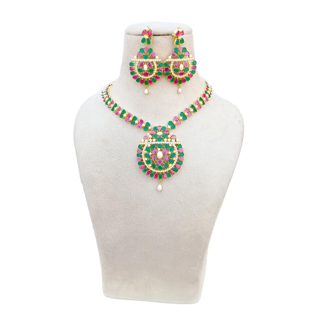 South Indian Ruby Emerald Pearl Necklace | Gold Plated Bridal Wedding Jewelry | Traditional Party Wear Necklace  | Gift for Women — 4