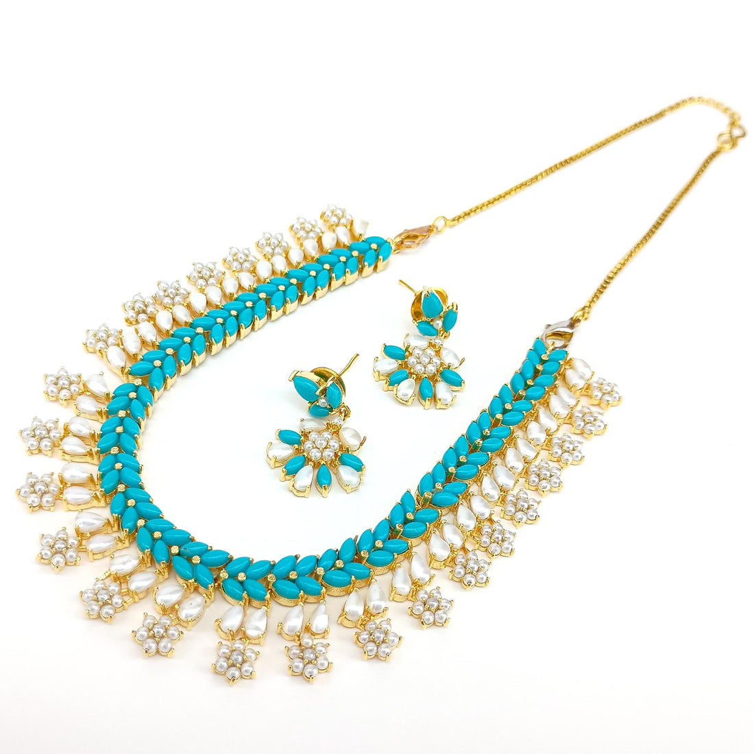 Turquoise and Pearl Choker Necklace Set | Gold Plated Jewelry | Handmade Indian Bridal Necklace with Earrings | Ethnic Statement Jewelry — 4