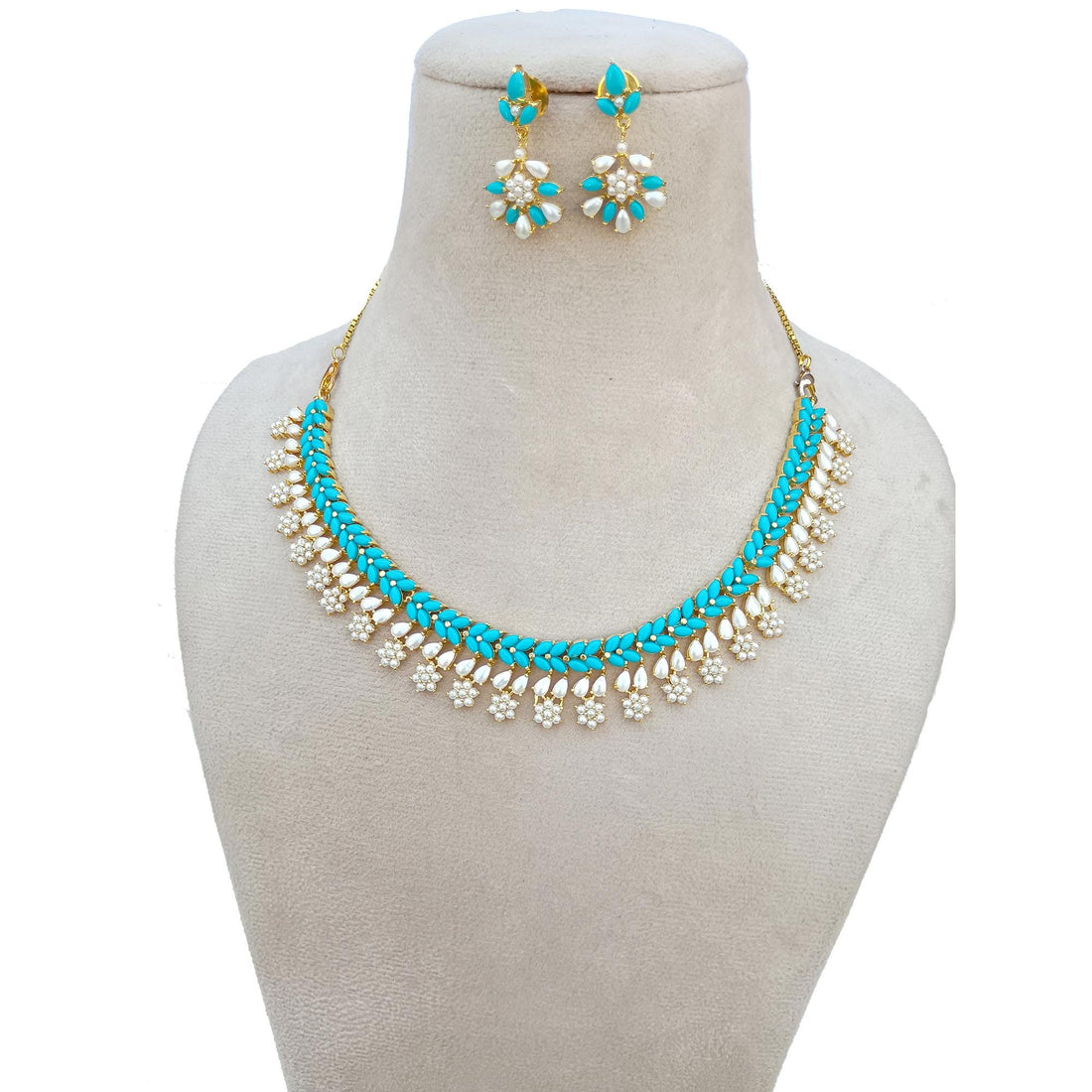 Turquoise and Pearl Choker Necklace Set | Gold Plated Jewelry | Handmade Indian Bridal Necklace with Earrings | Ethnic Statement Jewelry — 8