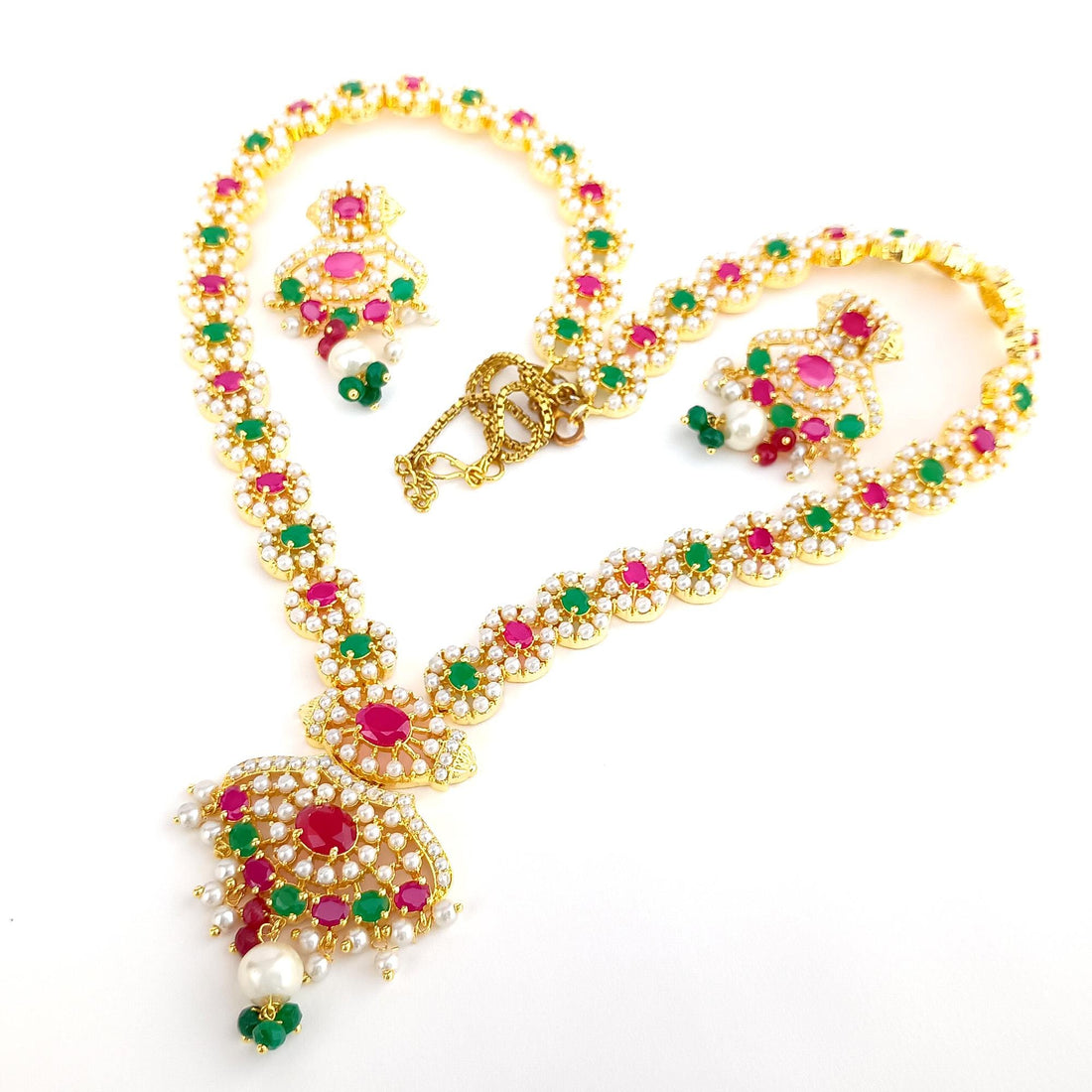 South Indian Ruby Emerald Pearl Long Necklace | Gold Plated Traditional Haram | Bridal Wedding Engagement Jewelry | Gift for Her — 8