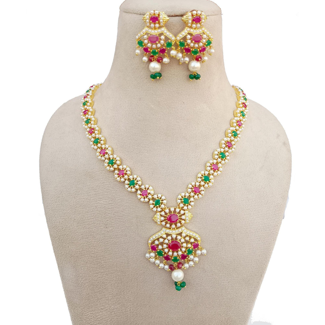 South Indian Ruby Emerald Pearl Long Necklace | Gold Plated Traditional Haram | Bridal Wedding Engagement Jewelry | Gift for Her — 5
