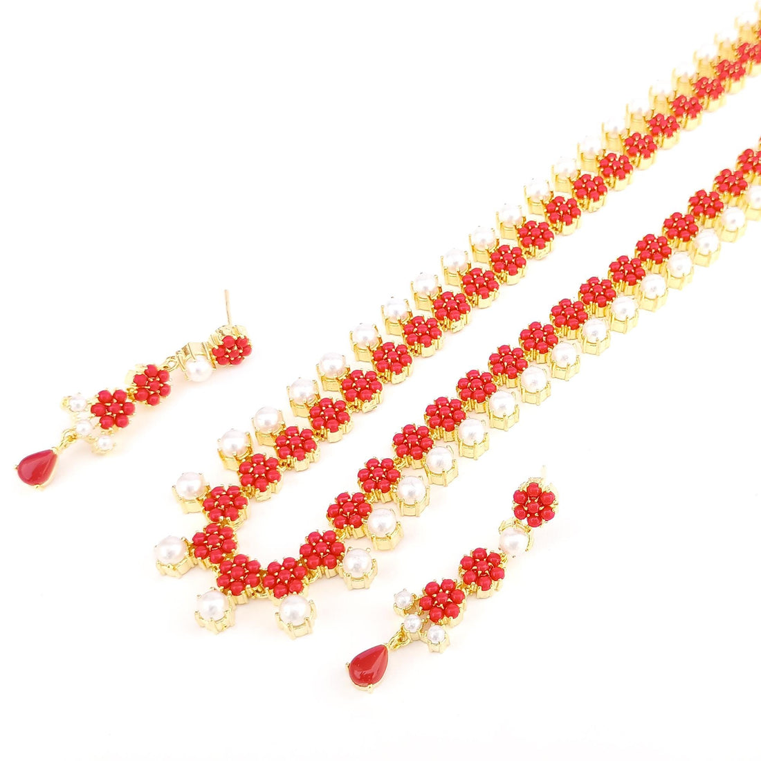 Red Coral & Pearl Necklace Set | 22K Gold Plated Indian Bridal Temple Jewelry | Wedding Necklace | Statement Necklace | Gift For Her — 3