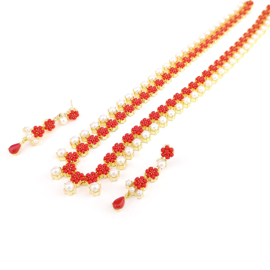 Red Coral & Pearl Necklace Set | 22K Gold Plated Indian Bridal Temple Jewelry | Wedding Necklace | Statement Necklace | Gift For Her — 8